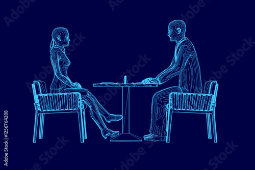 A man and a woman are sitting at a table. The man is wearing a suit and tie. Scene is formal and professional