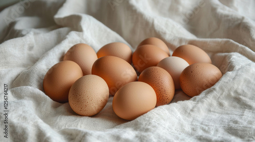 Brown Eggs Scattered on Light Linen Cloth for Natural and Rustic Food Photography