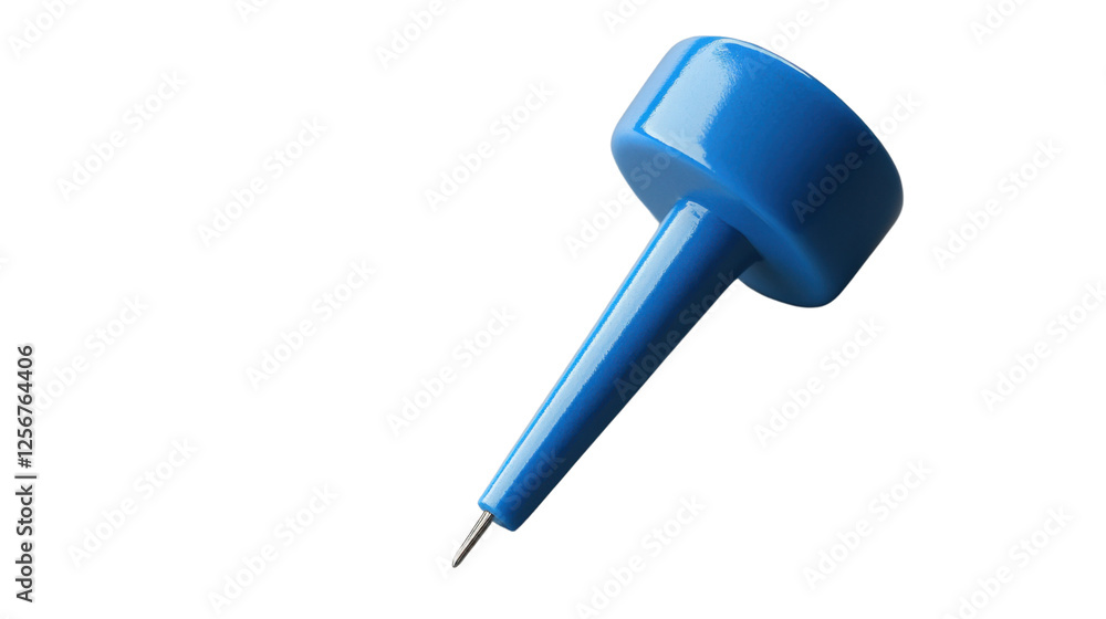Blue push pin on transparent background with metal tip pointing downward Blue push pin on transparent background with metal tip pointing downward