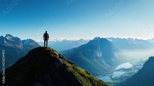 Hiker standing on mountain peak overlooking a serene valley