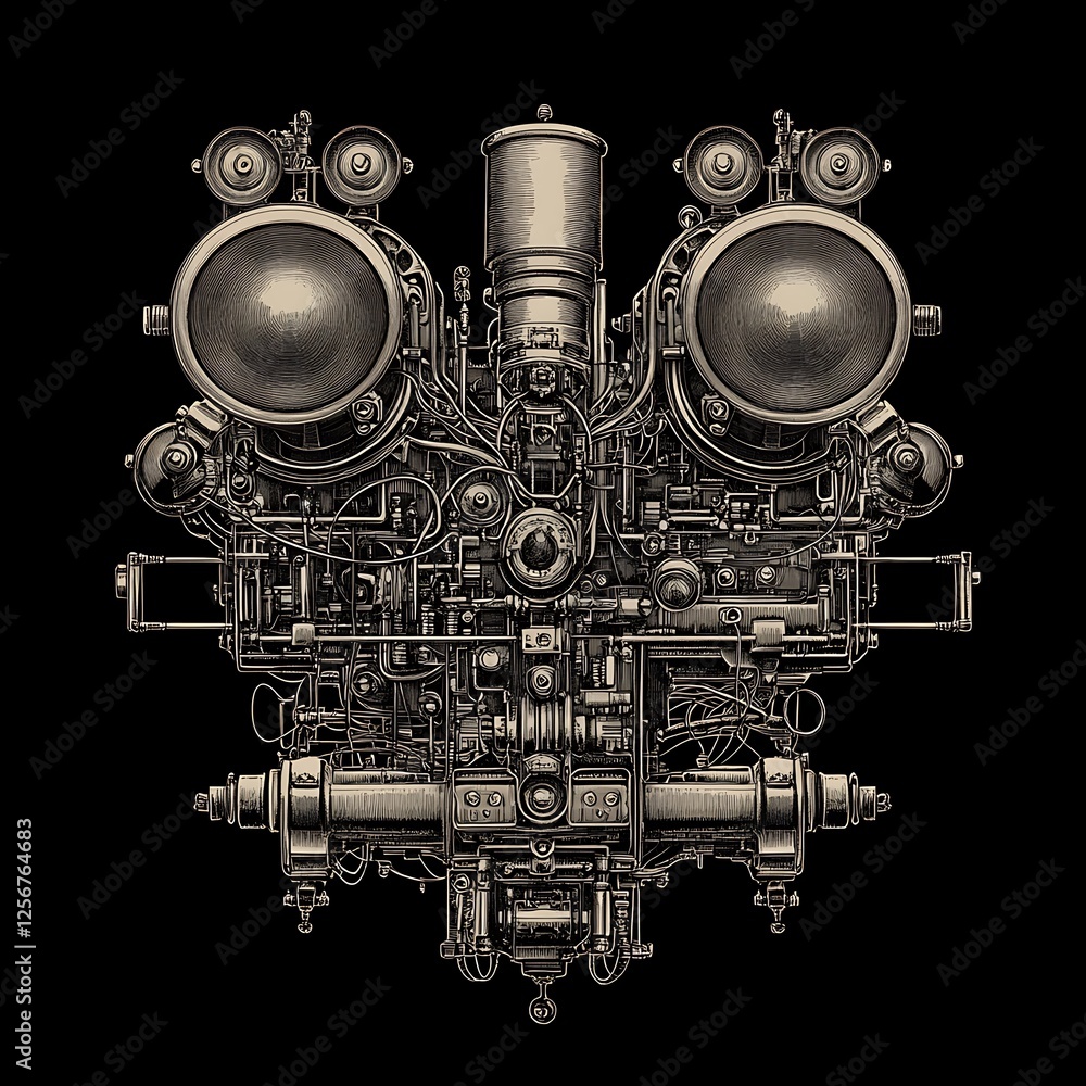 Fototapeta premium Abstract mechanical face, steampunk design, industrial background, artistic