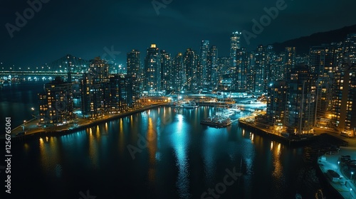 Wallpaper Mural thriving coastal city at night, with shimmering lights from the cityscape and the water reflecting the urban glow, Torontodigital.ca