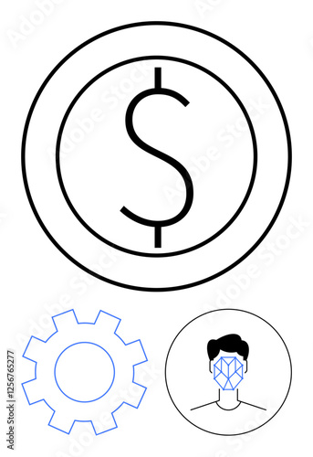 Dollar sign in a circle, gear icon, and human face with facial recognition lines. Ideal for AI, digital identity, fintech, security, automation, innovation abstract line flat metaphor