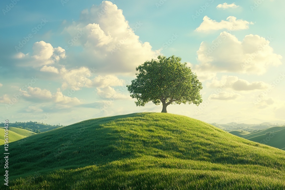 Fototapeta premium Solitary tree atop a verdant hill under a bright sky