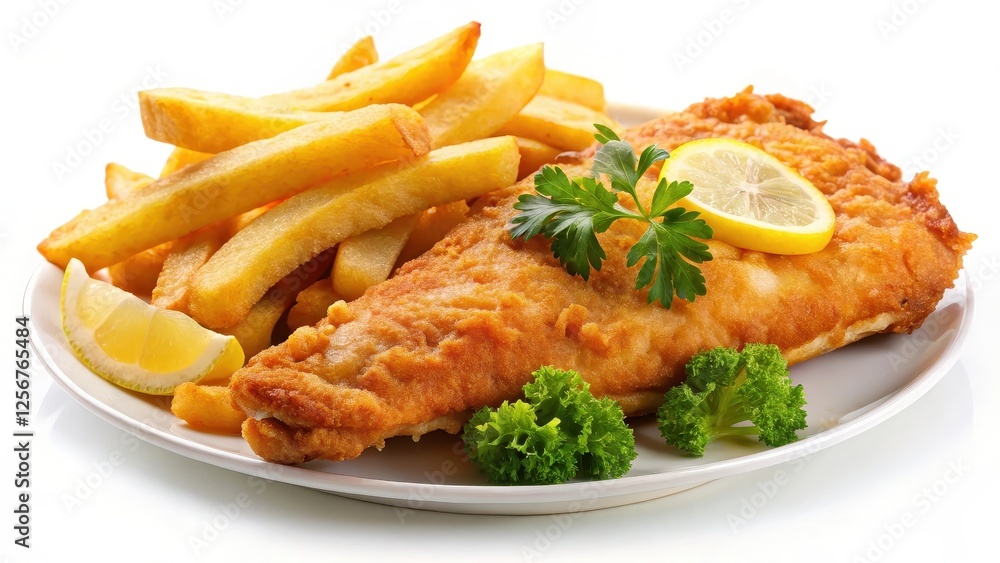 Fried Fish and Chips with Lemon and Parsley on White Background Fried Fish and Chips with Lemon and Parsley on White Background