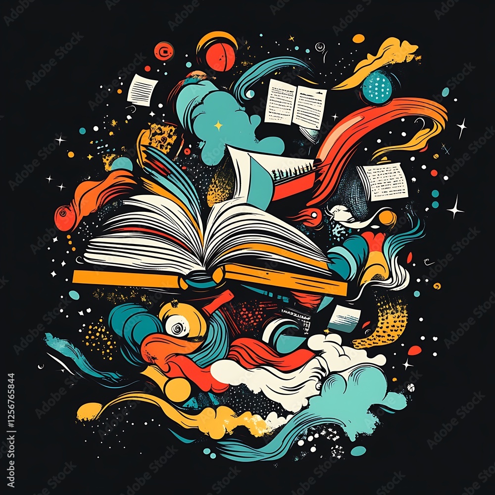 Fototapeta premium Abstract illustration of an open book with swirling colors and textures. Suitable for educational or creative themes