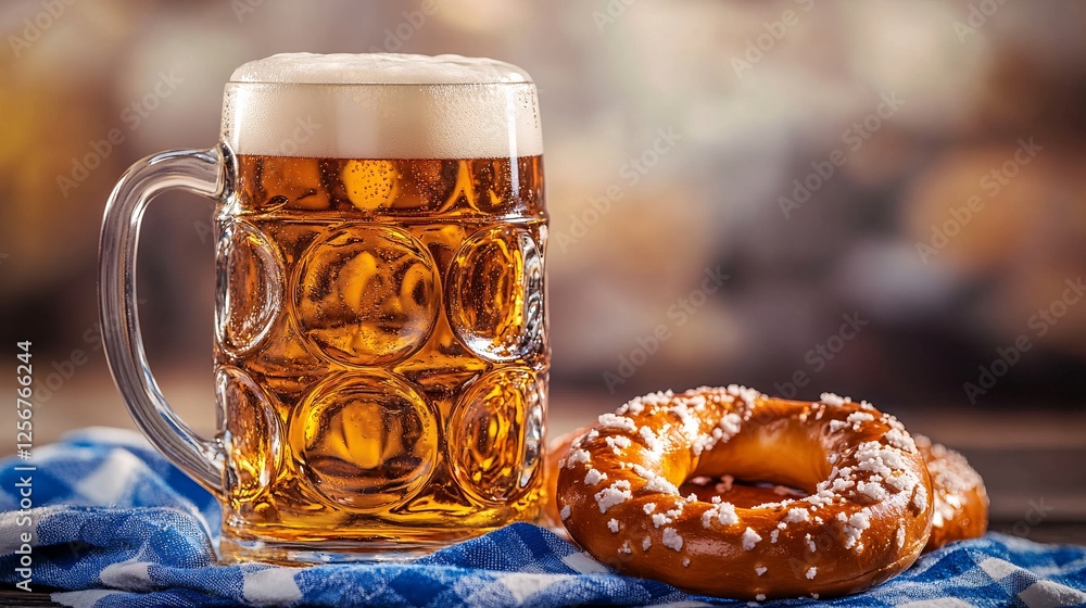 Freshly poured beer is sitting with a soft pretzel on a checkered cloth Freshly poured beer is sitting with a soft pretzel on a checkered cloth