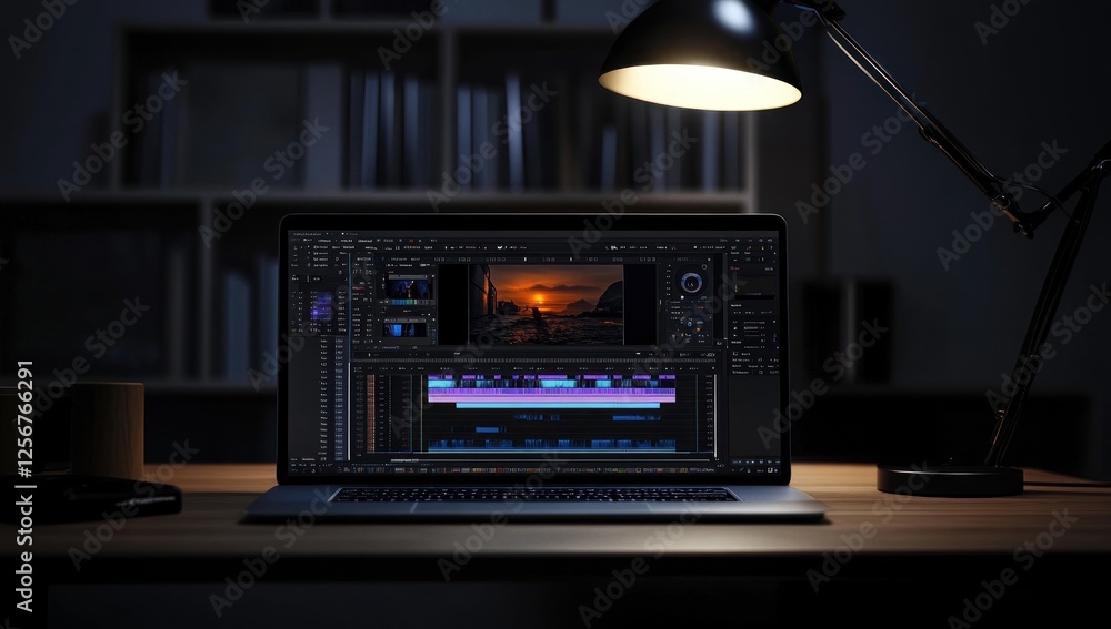 Fototapeta premium Nighttime Video Editing on Laptop