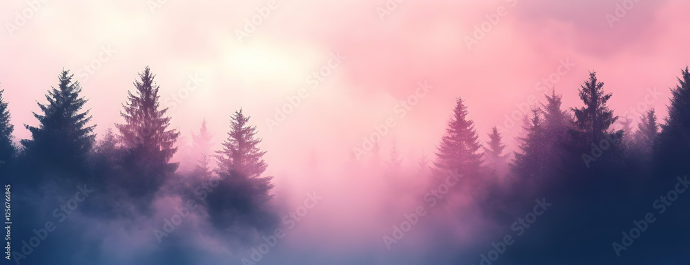Fototapeta premium Misty sunrise forest, pink sky. Nature wallpaper