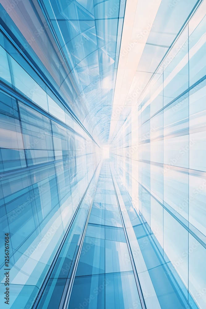 Obraz premium Light at the end of modern glass corridor with reflections