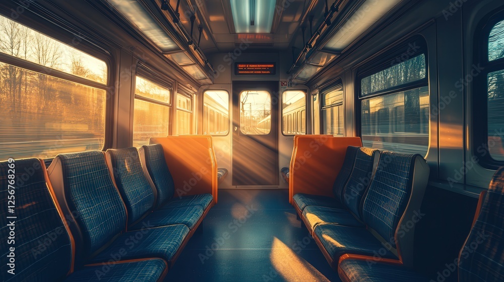 empty train, with sunlight streaming in through the windows, creating a calm and serene atmosphere as it illuminates the spacious cabin. empty train, with sunlight streaming in through the windows, creating a calm and serene atmosphere as it illuminates the spacious cabin.