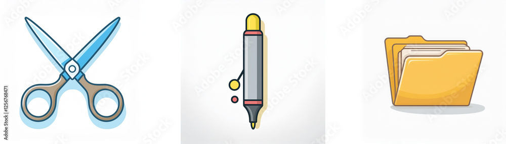 Three office icons: sharp scissors for cutting, a pen for writing, and a folder for document organization. Simple and illustrative style. Three office icons: sharp scissors for cutting, a pen for writing, and a folder for document organization. Simple and illustrative style.