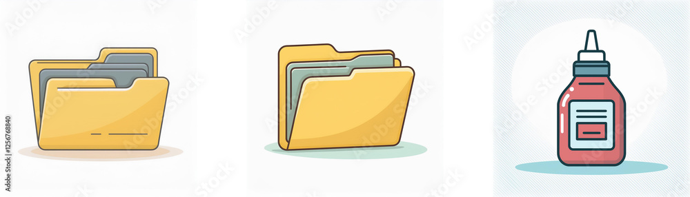 A digital illustration presents three distinct icons: two file folders, one slightly ajar, and a red bottle of glue. These represent common tools for organization and crafting. A digital illustration presents three distinct icons: two file folders, one slightly ajar, and a red bottle of glue. These represent common tools for organization and crafting.
