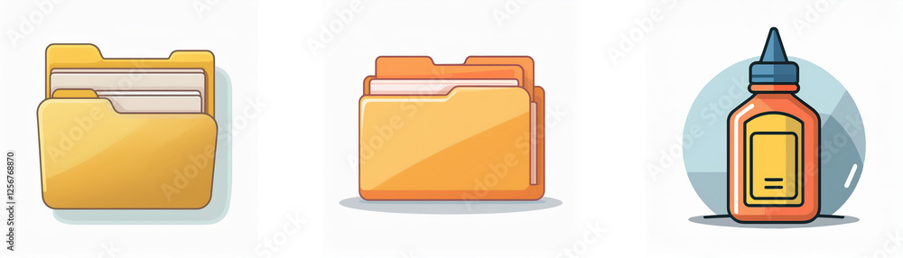 Three icons feature an open yellow folder with papers, a closed yellow folder, and a brown glue bottle with a blue cap, all on a white background. Three icons feature an open yellow folder with papers, a closed yellow folder, and a brown glue bottle with a blue cap, all on a white background.