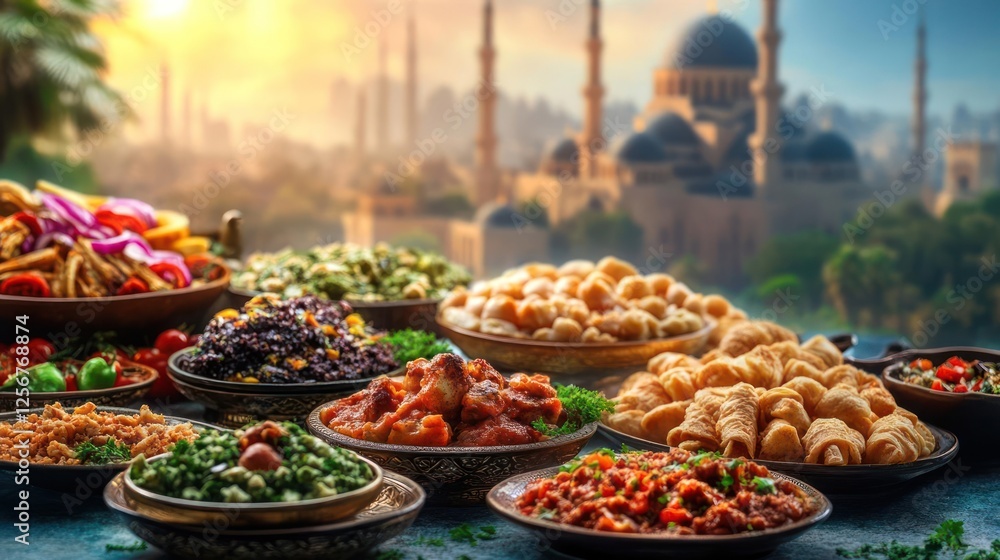 Fototapeta premium A table set with an assortment of Middle Eastern dishes, including various salads and appetizers, with a blurred background featuring a mosque or other Islamic building.