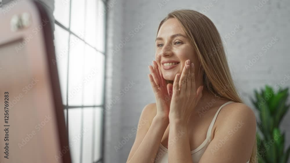 Woman applying skincare indoors with a smile in a bright apartment emphasizing facial care and beauty routine for healthy skin in a light-filled living room. Woman applying skincare indoors with a smile in a bright apartment emphasizing facial care and beauty routine for healthy skin in a light-filled living room.