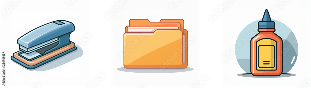 Three office supply icons are displayed: a blue stapler, an orange folder, and a glue bottle. These are common stationery items used for paperwork. Three office supply icons are displayed: a blue stapler, an orange folder, and a glue bottle. These are common stationery items used for paperwork.