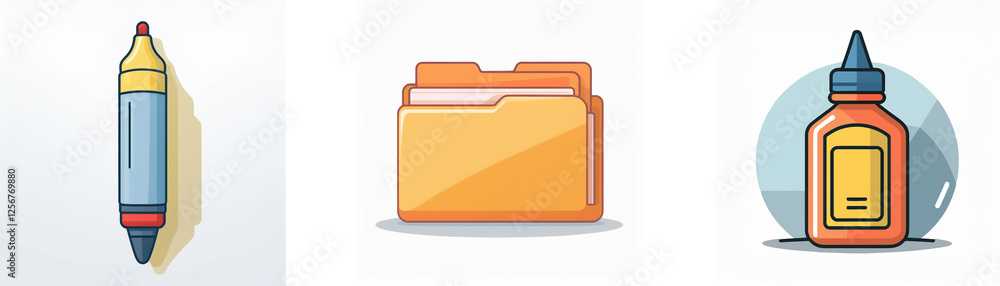 Three icons are displayed against a white background. The icons represent a marker, an open folder, and a bottle of glue, commonly used for office or school supplies and organization. Three icons are displayed against a white background. The icons represent a marker, an open folder, and a bottle of glue, commonly used for office or school supplies and organization.
