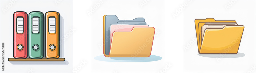 Three colorful binders stand upright on a shelf, next to two open file folders, symbolizing document and data organization. Three colorful binders stand upright on a shelf, next to two open file folders, symbolizing document and data organization.