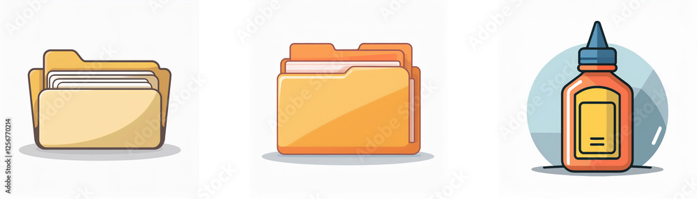 Three icons of office supplies: an open folder with documents, a closed folder, and a bottle of glue with a blue cap and a label. Three icons of office supplies: an open folder with documents, a closed folder, and a bottle of glue with a blue cap and a label.