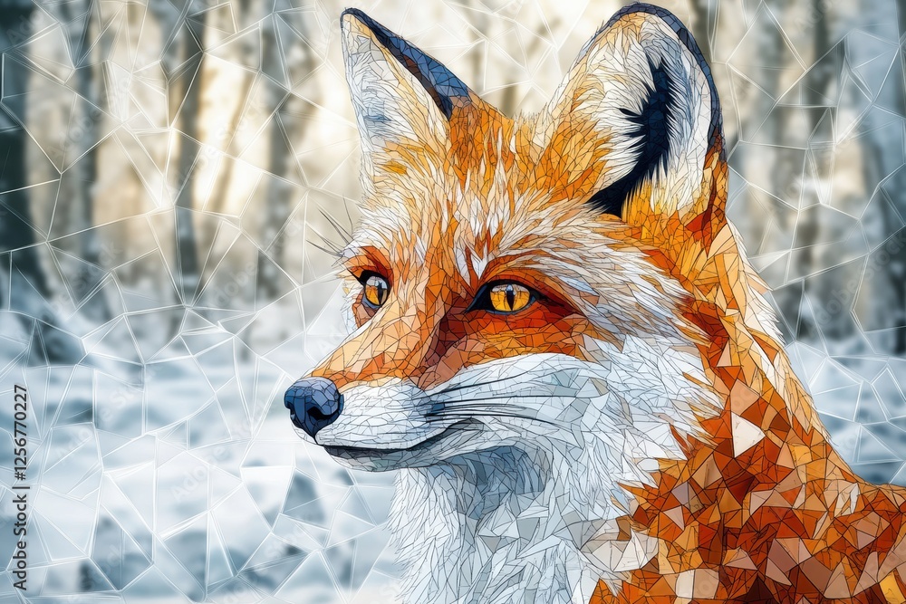 Obraz premium Mosaic fox portrait in intricate patterns set against a serene snowy forest background. Generative AI