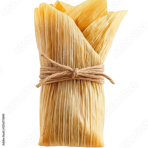 A single tamale wrapped in golden-brown corn husk, tied with a natural fiber string, slightly textured surface, transparent background, PNG