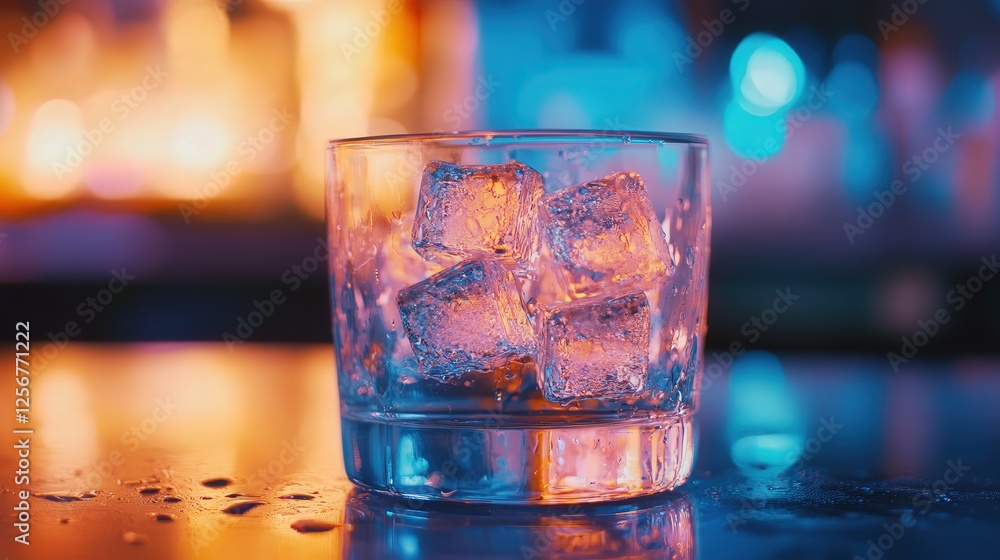 cold storage glass with ice cubes, placed on a table with a clean background. cold storage glass with ice cubes, placed on a table with a clean background.