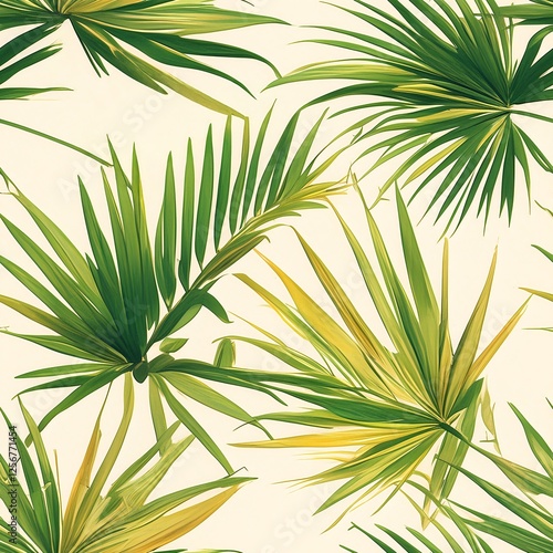 Seamless pattern featuring minimalist tropical palm leaves and foliage in green, gold, and sunset orange