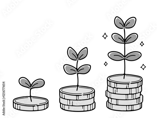 お金が増えていくイメージを植物で表現したイラスト(グレースケール)	
