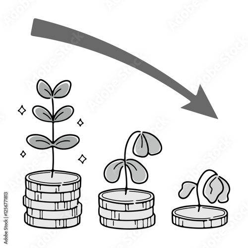 お金が減っていくイメージを植物と矢印で表現したイラスト(グレースケール)