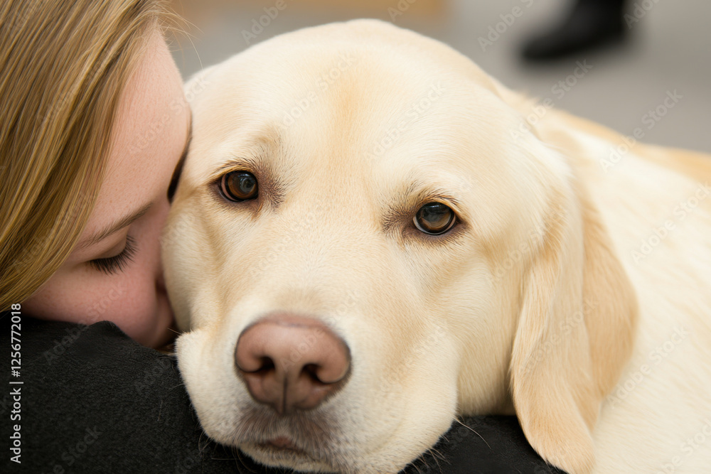 A woman is hugging a dog with its head on her shoulder A woman is hugging a dog with its head on her shoulder