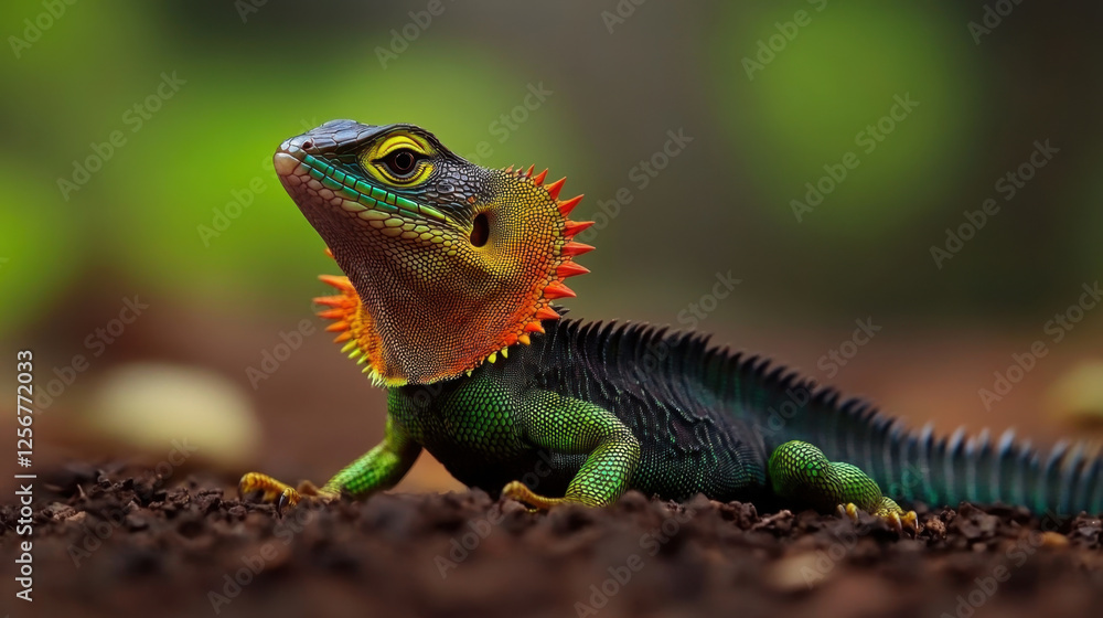 Fototapeta premium vibrant frilled lizard showcasing its colorful frill in natural setting, displaying unique textures and vivid colors that highlight its beauty and adaptability