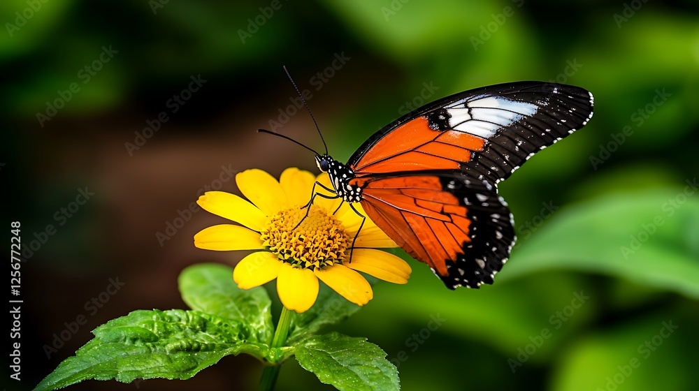 Vibrant orange butterfly perched on a bright yellow flower amidst lush green foliage, capturing nature's beauty Vibrant orange butterfly perched on a bright yellow flower amidst lush green foliage, capturing nature's beauty