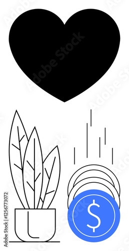 Heart above a potted plant and falling coins with a dollar sign. Ideal for finance, growth, investment, environmental, love sustainability savings. Line metaphor. Line metaphor. Simple line icons photo