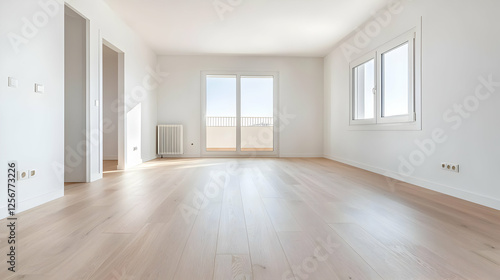 Wallpaper Mural Bright empty apartment living room with hardwood floor, sunny balcony view Torontodigital.ca