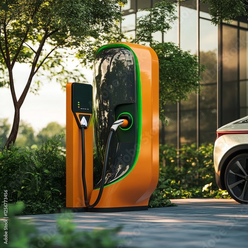 Electric Vehicle Charging Station in a Green Urban Setting