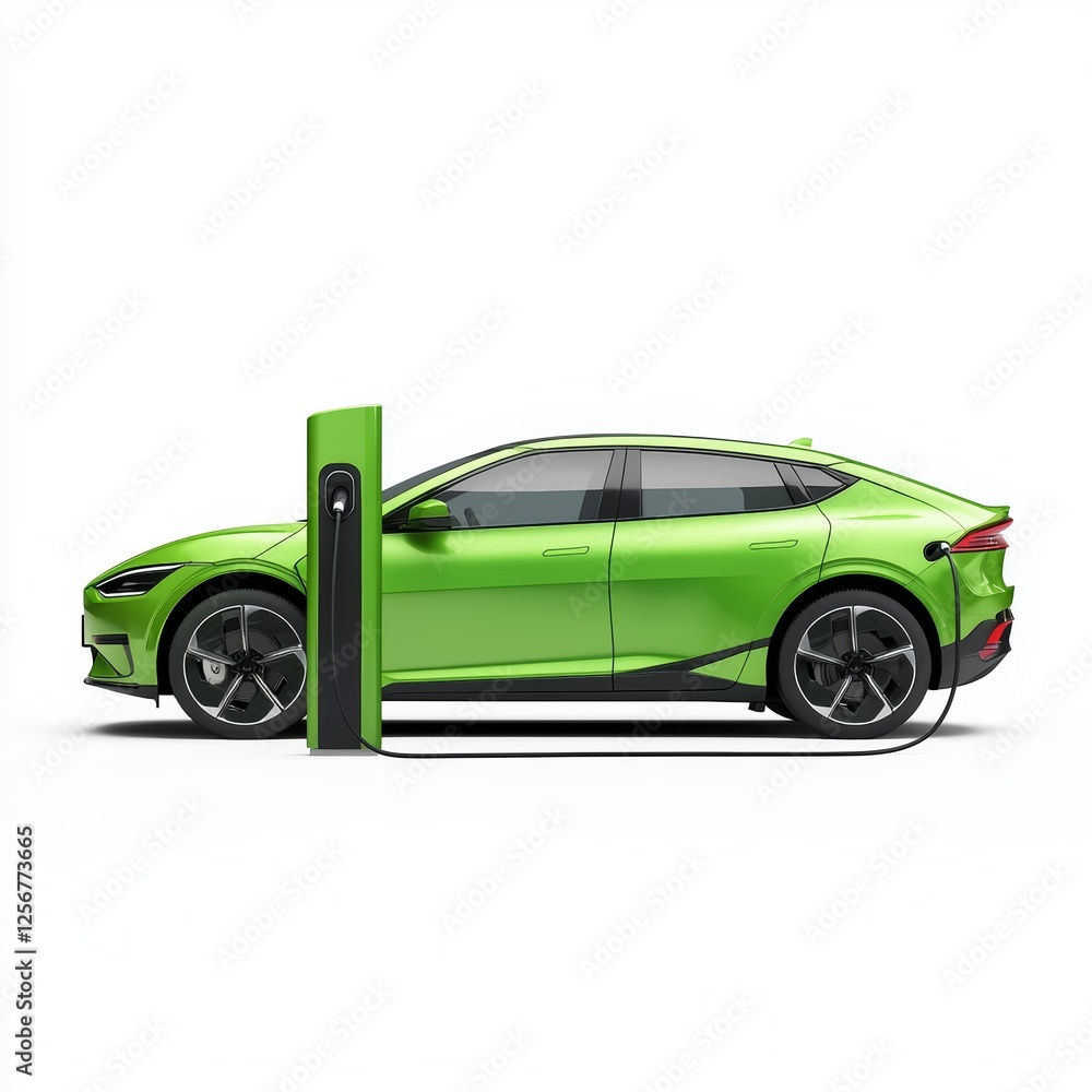 Obraz premium A lime green electric car is plugged into a charging station.