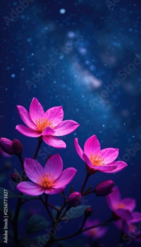 Glowing purple and pink flowers under the starry sky, pink, glowing
