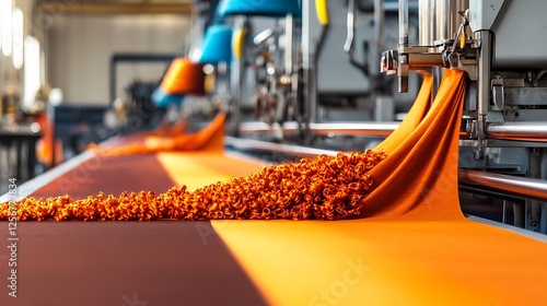 Vibrant orange fabric flowing from machinery in a textile factory, showcasing production process photo