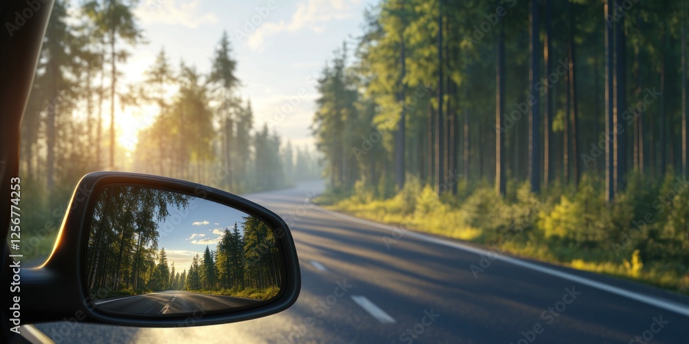 Fototapeta premium Scenic Drive Through a Pine Forest at Sunrise: A Journey Reflected