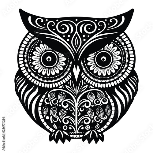 Intricate zentangle black owl silhouette, featuring detailed patterns and bold lines. The striking design highlights the owl's mystique with artistic flair.