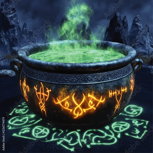 Mystical Cauldron with Glowing Runes and Green Aura in Enchanted Landscape - Magic Pot Vector Art Featuring Ethereal Smoke and Ancient Symbols