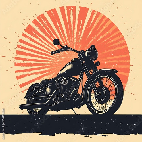 Vintage Motorcycle Silhouette, Sunburst Background, Graphic Design photo