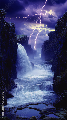 Stunning Vector Landscape of Thundering Waterfalls and Striking Lightning Amidst Majestic Cliffs and Turbulent Clouds in a Mystical Natural Setting