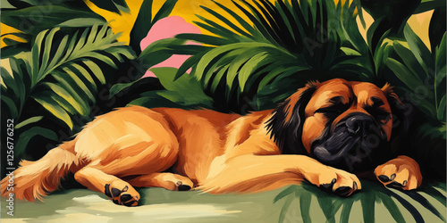 Vibrant Vector Art of Sleeping Dog in Tropical Paradise Surrounded by Lush Green Jungle Leaves and Pink Sunset Perfect for Nature and Animal Lovers