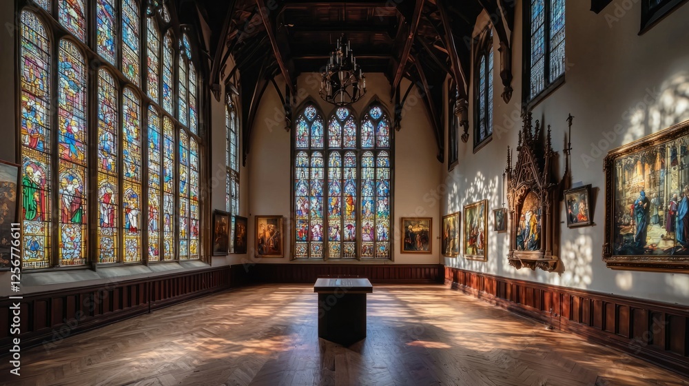 Fototapeta premium Majestic Art Gallery with Colorful Stained Glass Windows and Artwork