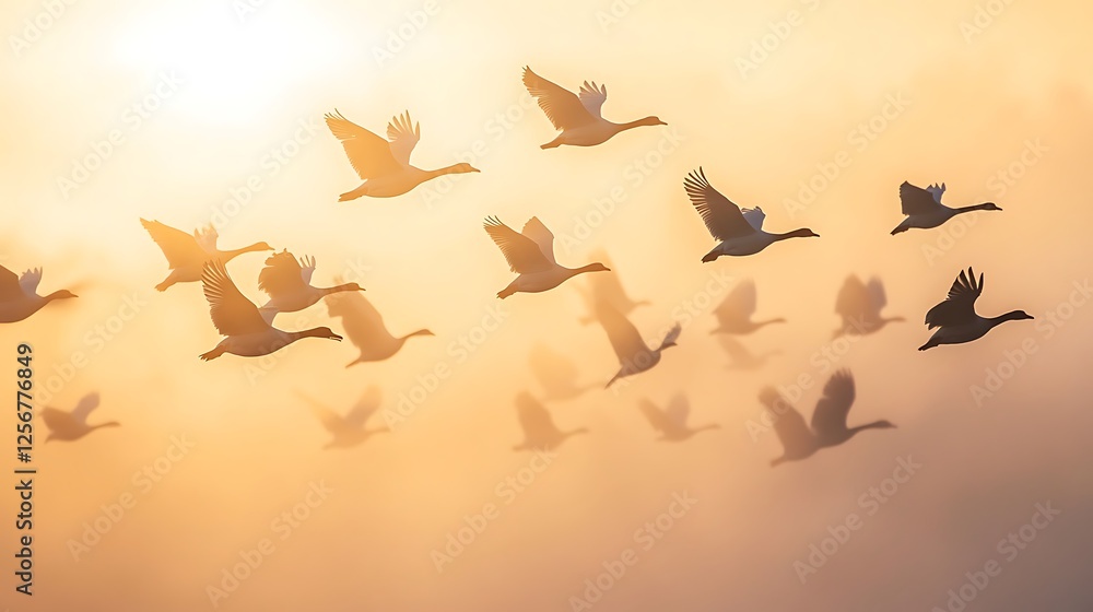 Fototapeta premium Geese in flight, sunrise, golden hour, sky. Possible use Nature, travel
