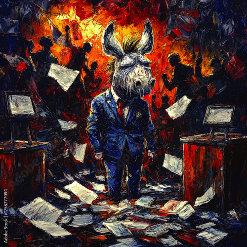 Surreal Donkey Head Businessman in Suit Amidst Flying Papers in Dynamic Abstract Art Scene with Fiery Background and Silhouettes Expressing Chaos