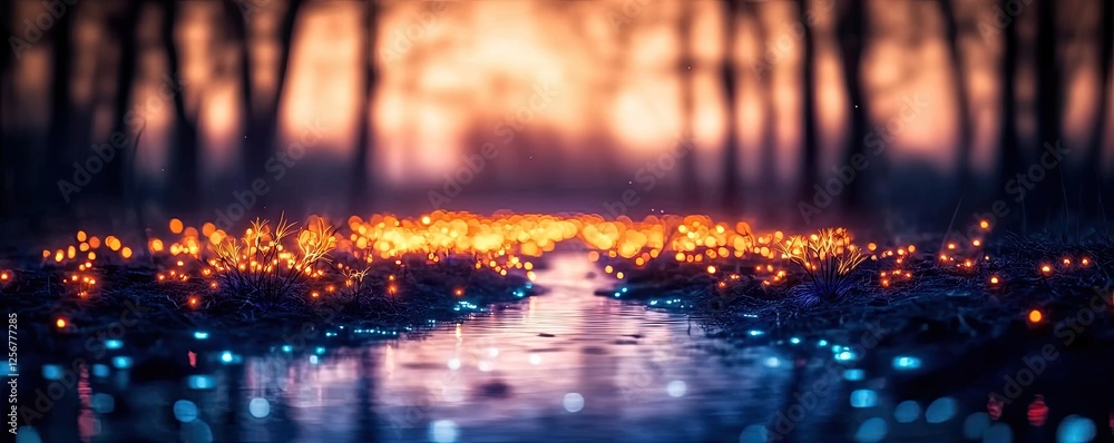 Glow forest concept. Enchanting twilight scene with sparkling lights along a tranquil waterway.