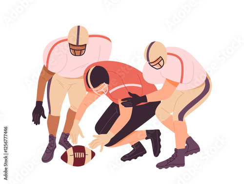 American football scene. Men fight for ball. Quarterback players at stadium. Competitions and tournament. Rugby and football. Flat vector illustration isolated on white background